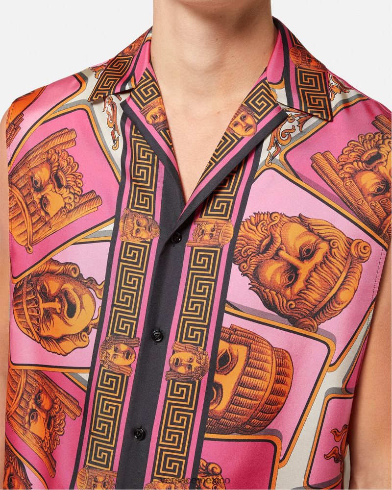 Versace le maschere camisa de seda sin mangas rosa y estampado ropa hombres 84626J1304