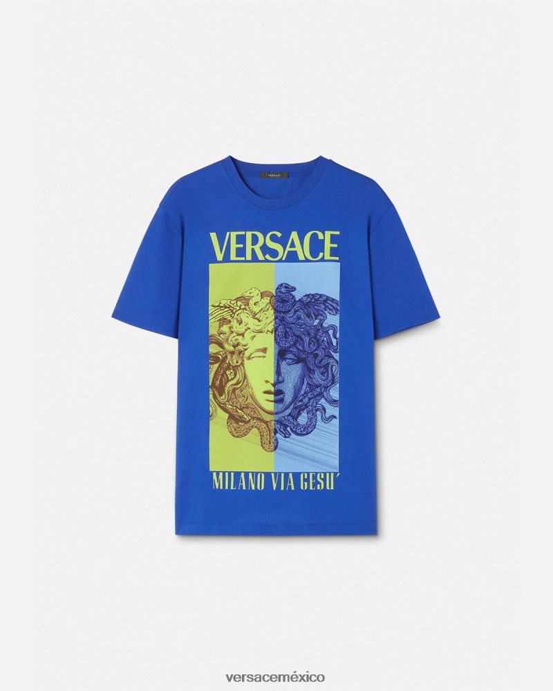 Versace camiseta con estampado de medusa azul ropa hombres 84626J1411