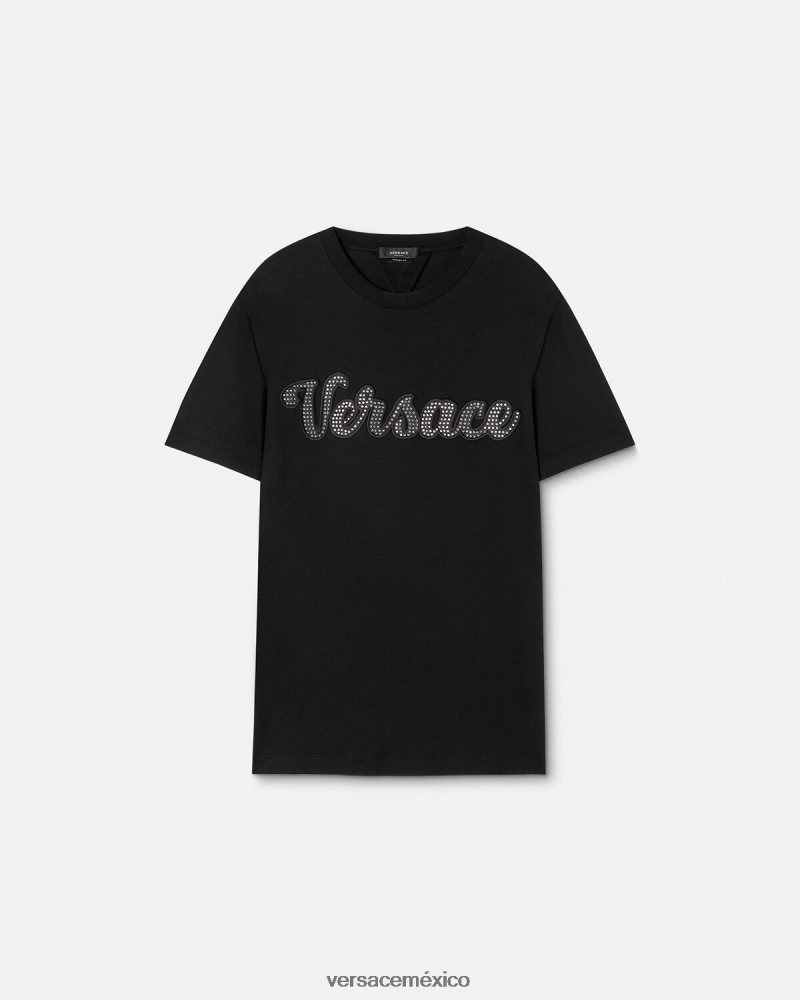 Versace camiseta con logo universitario de cristales negro ropa hombres 84626J1406