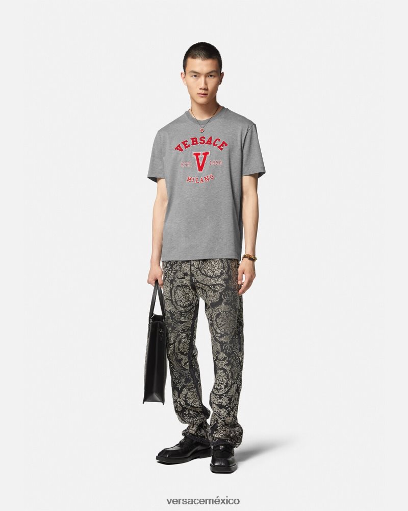Versace camiseta con logo universitario gris ropa hombres 84626J1403