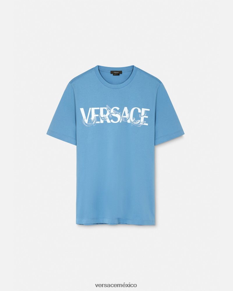 Versace camiseta con logo y silueta barroca azul claro ropa hombres 84626J1367