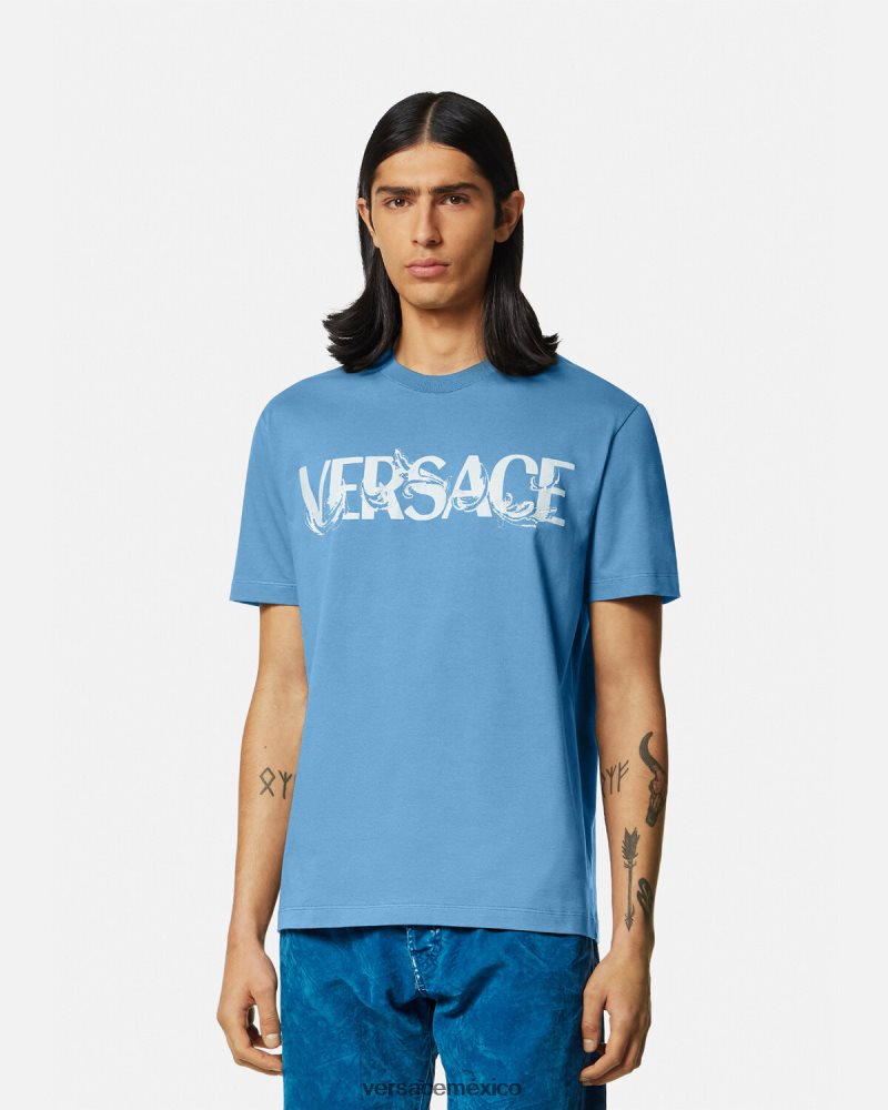 Versace camiseta con logo y silueta barroca azul claro ropa hombres 84626J1367