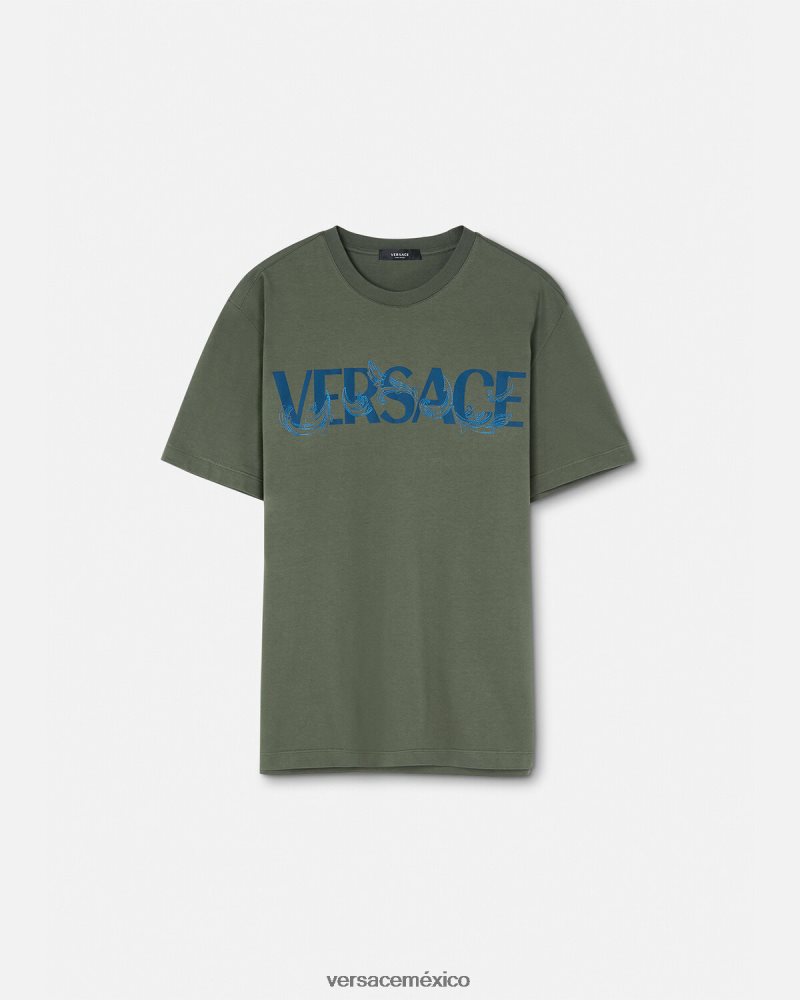 Versace camiseta con logo y silueta barroca verde ropa hombres 84626J1368