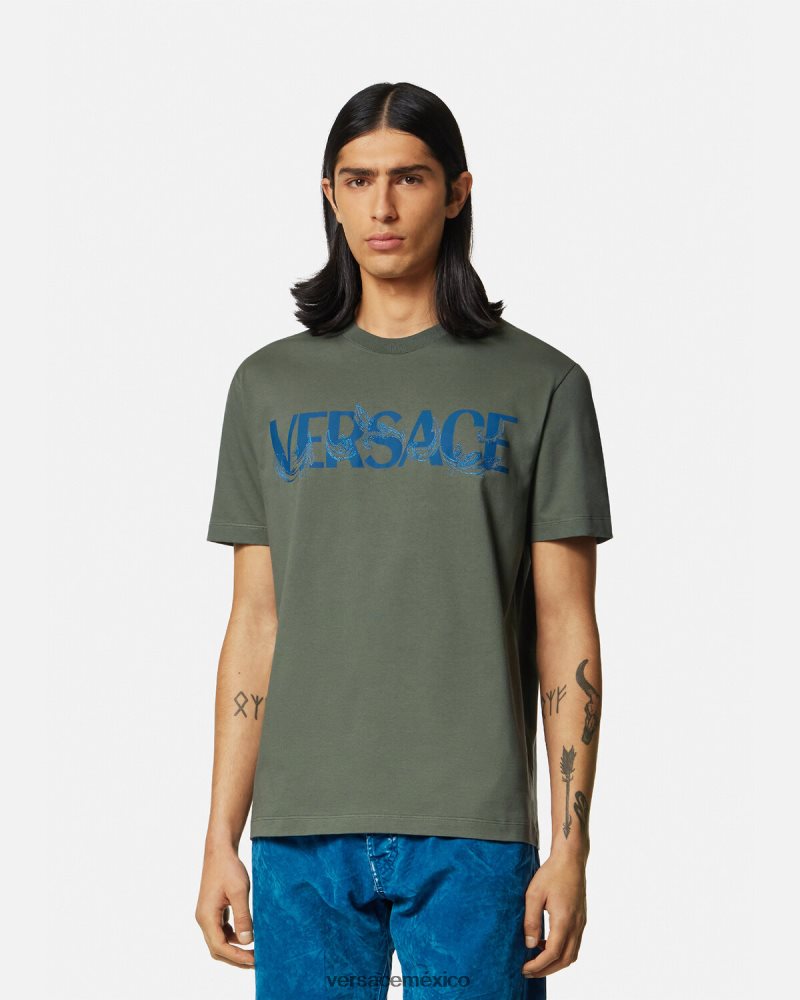 Versace camiseta con logo y silueta barroca verde ropa hombres 84626J1368