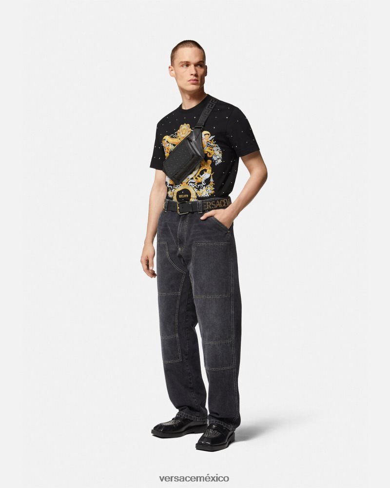 Versace camiseta con rejilla de cristal barroco negro ropa hombres 84626J1402