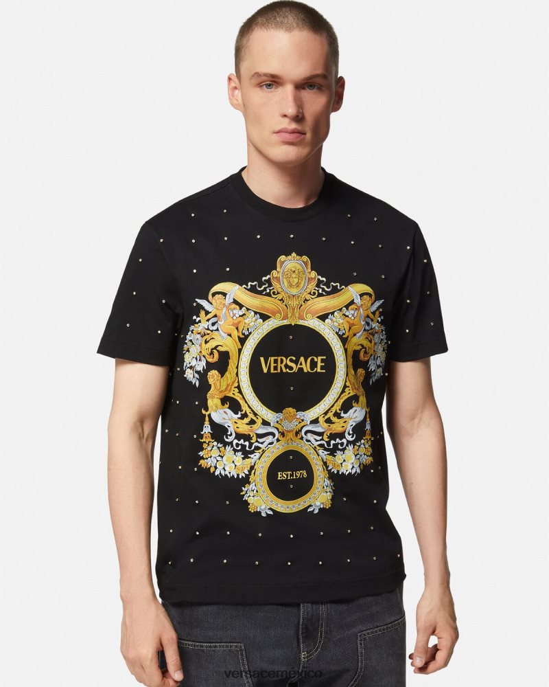 Versace camiseta con rejilla de cristal barroco negro ropa hombres 84626J1402