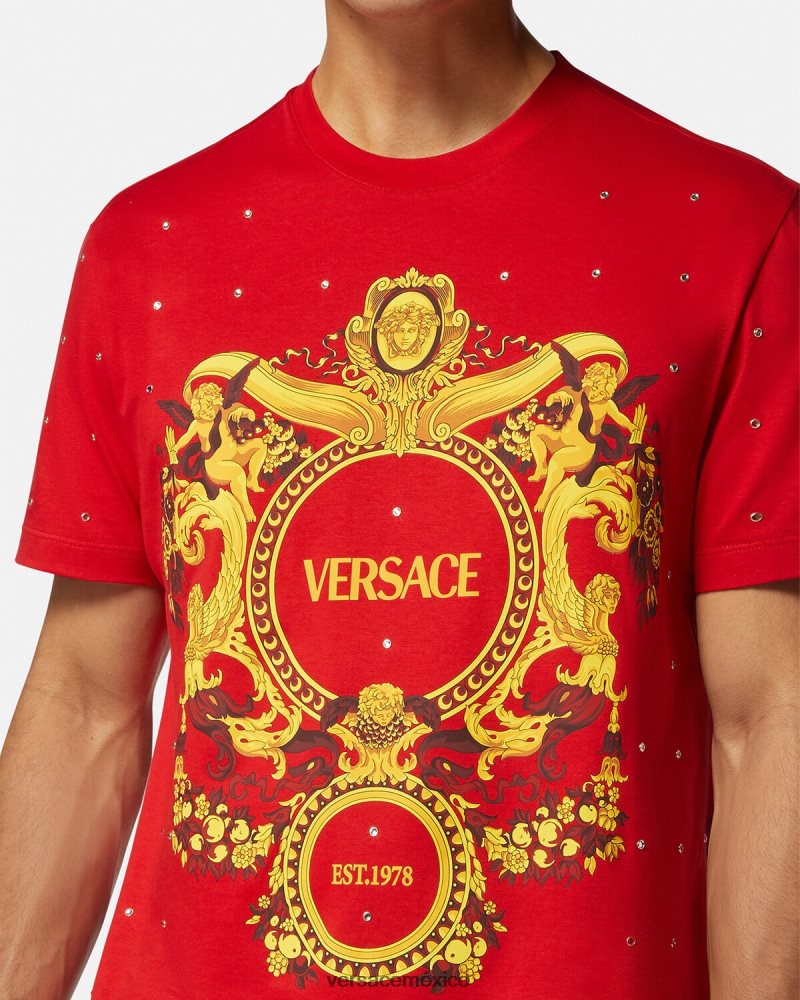 Versace camiseta con rejilla de cristal barroco rojo ropa hombres 84626J1401