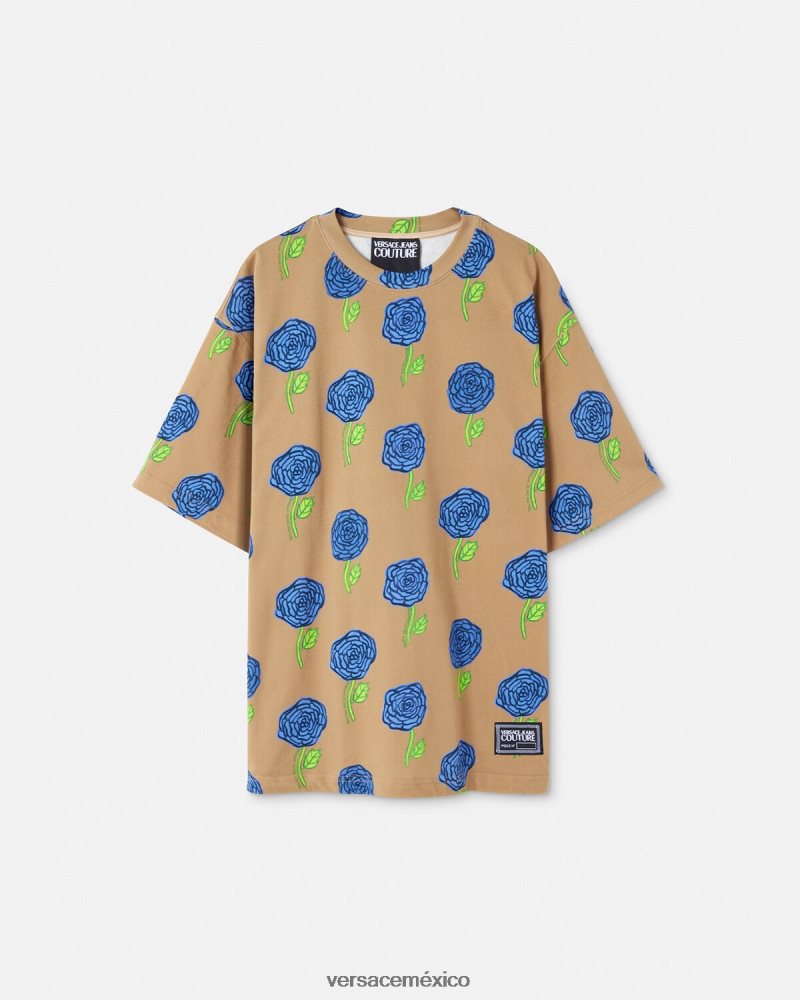 Versace camiseta rosas marrón ropa hombres 84626J2371