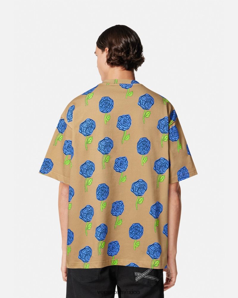 Versace camiseta rosas marrón ropa hombres 84626J2371