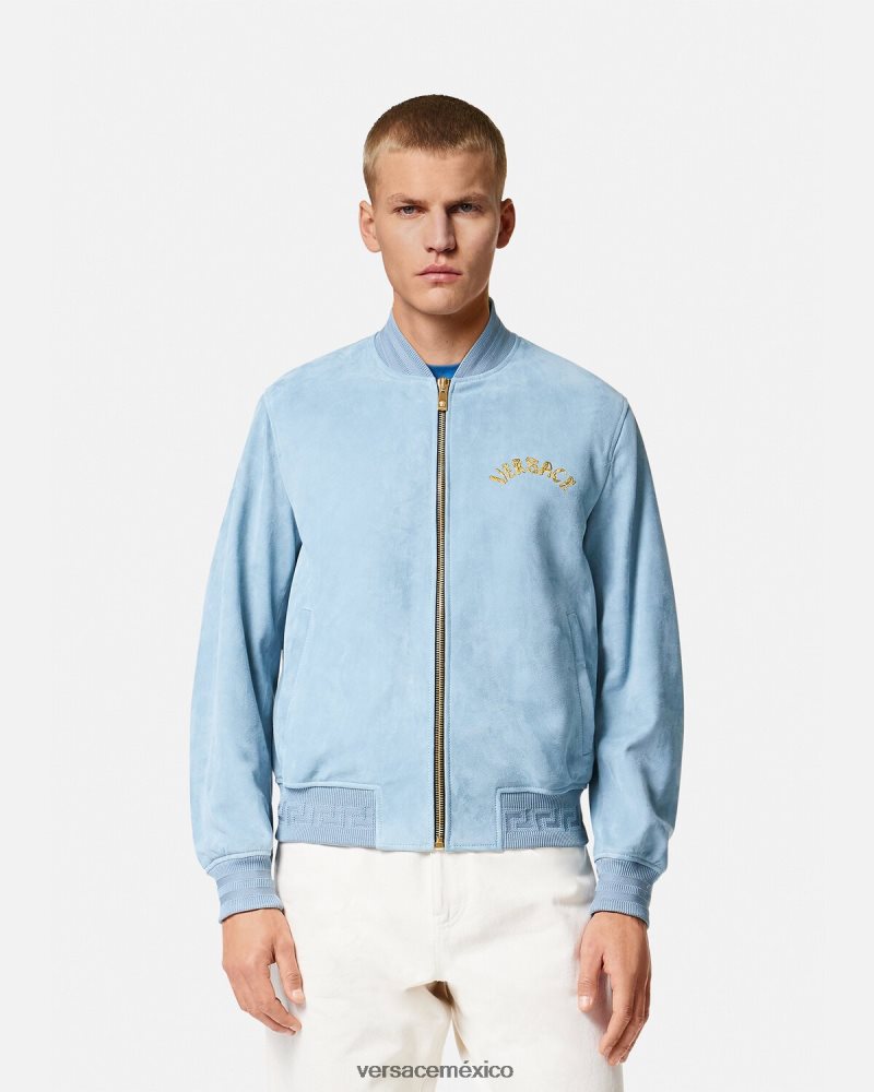 Versace chaqueta de ante con logo barroco y conchas marinas azul claro ropa hombres 84626J1223