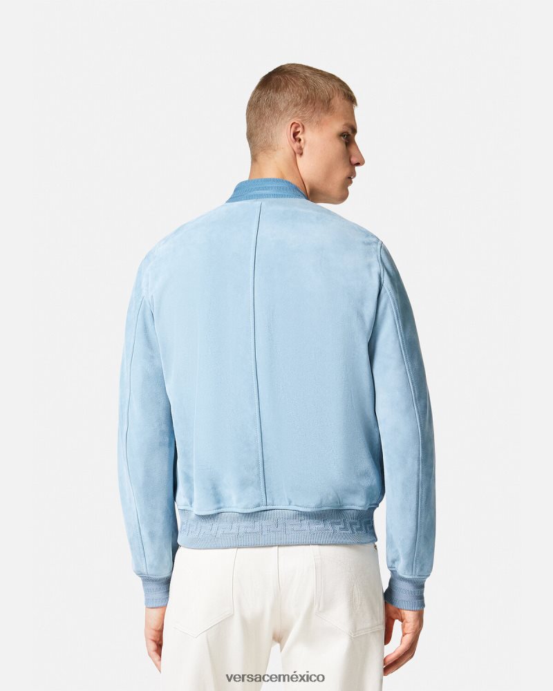 Versace chaqueta de ante con logo barroco y conchas marinas azul claro ropa hombres 84626J1223