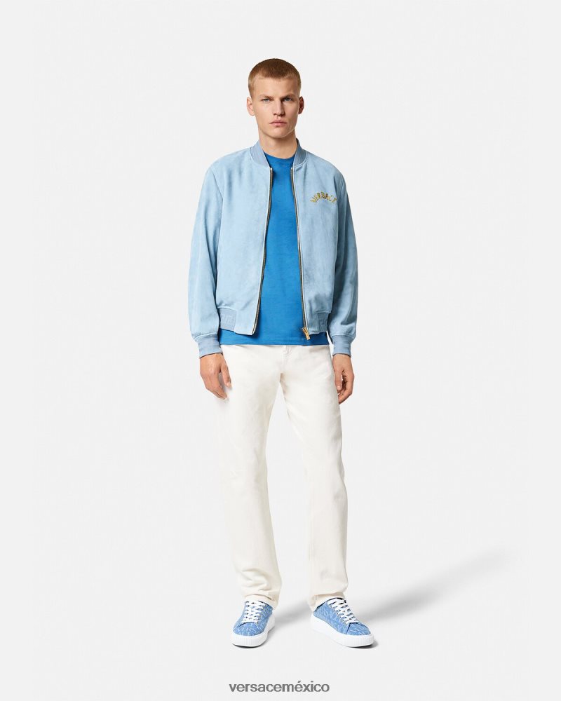 Versace chaqueta de ante con logo barroco y conchas marinas azul claro ropa hombres 84626J1223