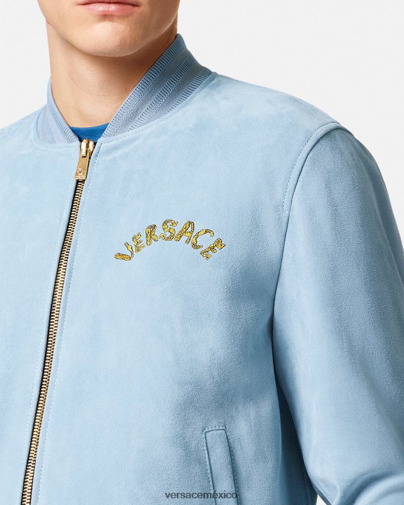 Versace chaqueta de ante con logo barroco y conchas marinas azul claro ropa hombres 84626J1223