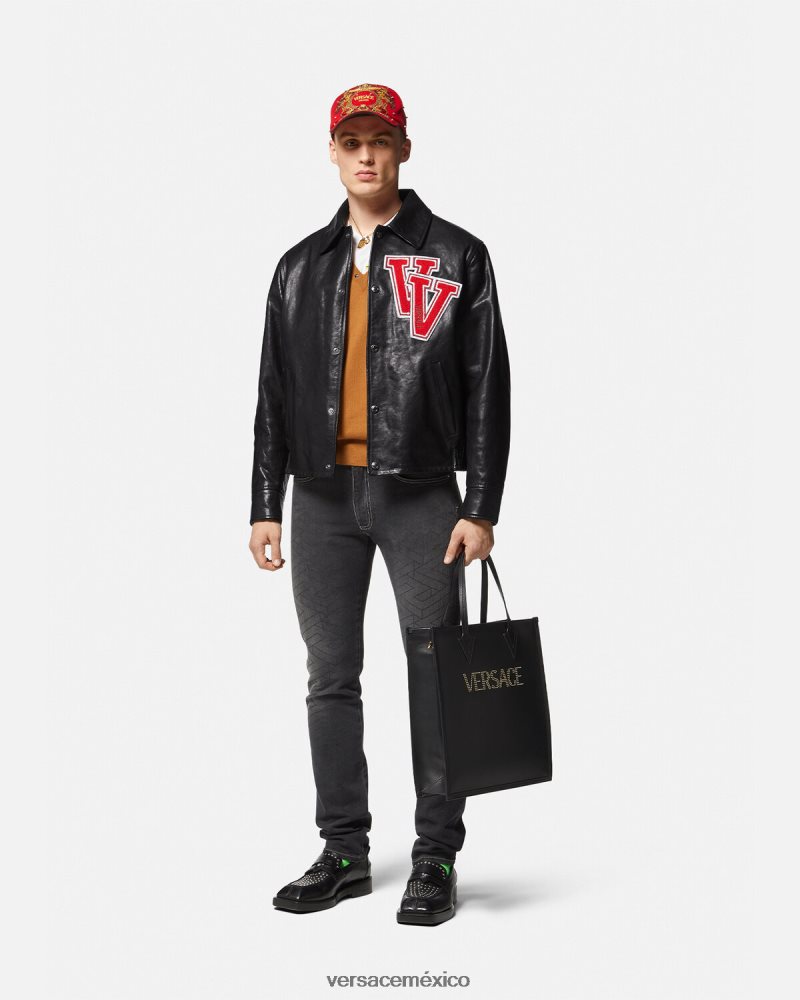 Versace chaqueta de cuero universitaria negro ropa hombres 84626J1258