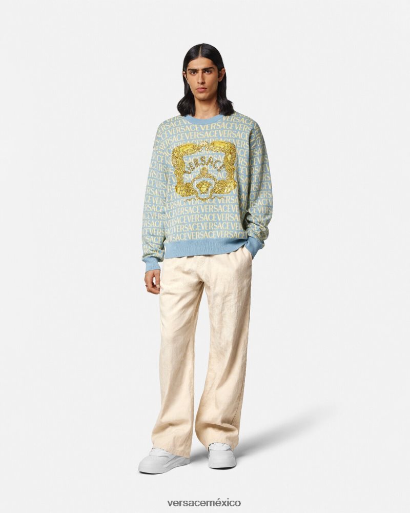Versace pantalones de cambray con silueta barroca beige ropa hombres 84626J1442