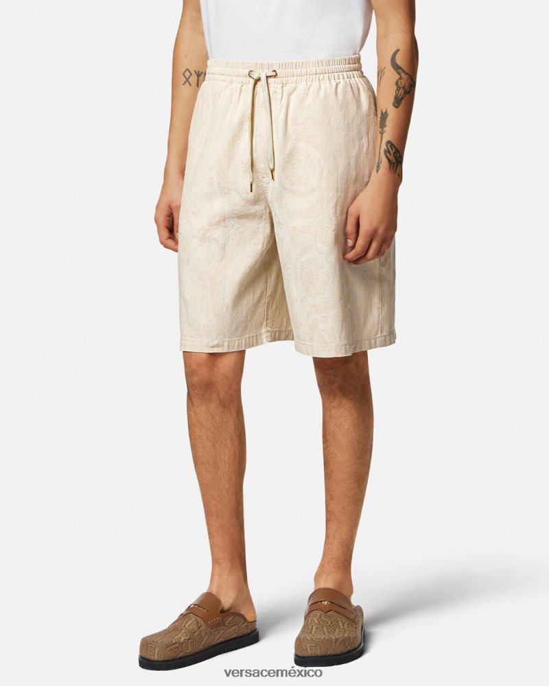 Versace shorts de cambray con silueta barroca beige ropa hombres 84626J1441
