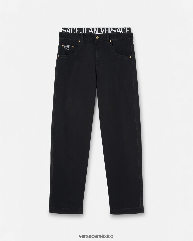 Versace vaqueros con logo en la cinturilla negro ropa hombres 84626J2365