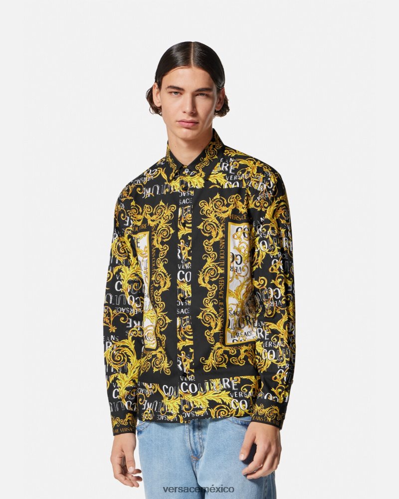 Versace camisa de alta costura con logo oro negro ropa hombres 84626J2393