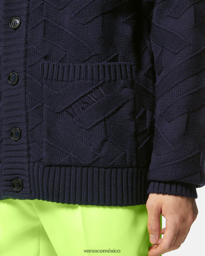 Versace cárdigan de punto con la greca azul ropa hombres 84626J1343