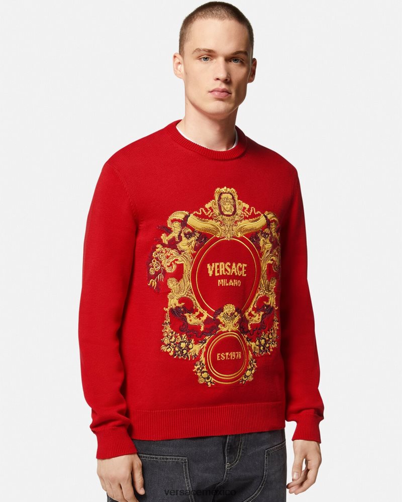 Versace suéter con bordado barroco en intarsia rojo ropa hombres 84626J1345