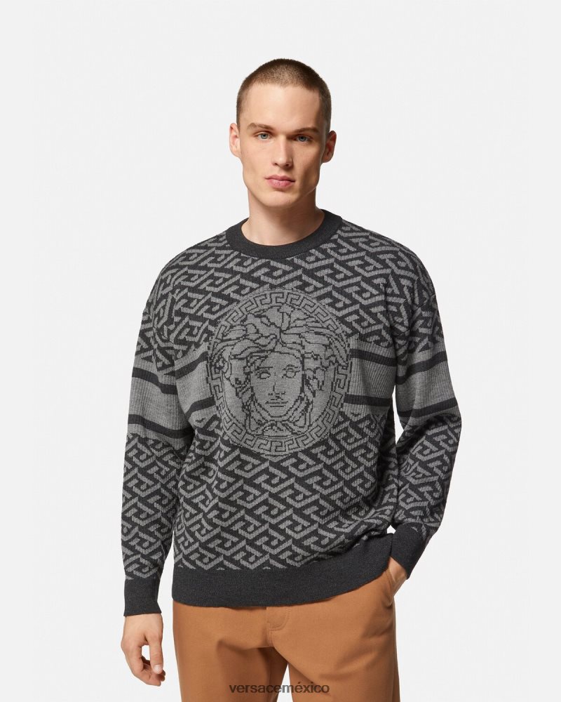 Versace suéter con medusa en jacquard la greca gris negro ropa hombres 84626J1339