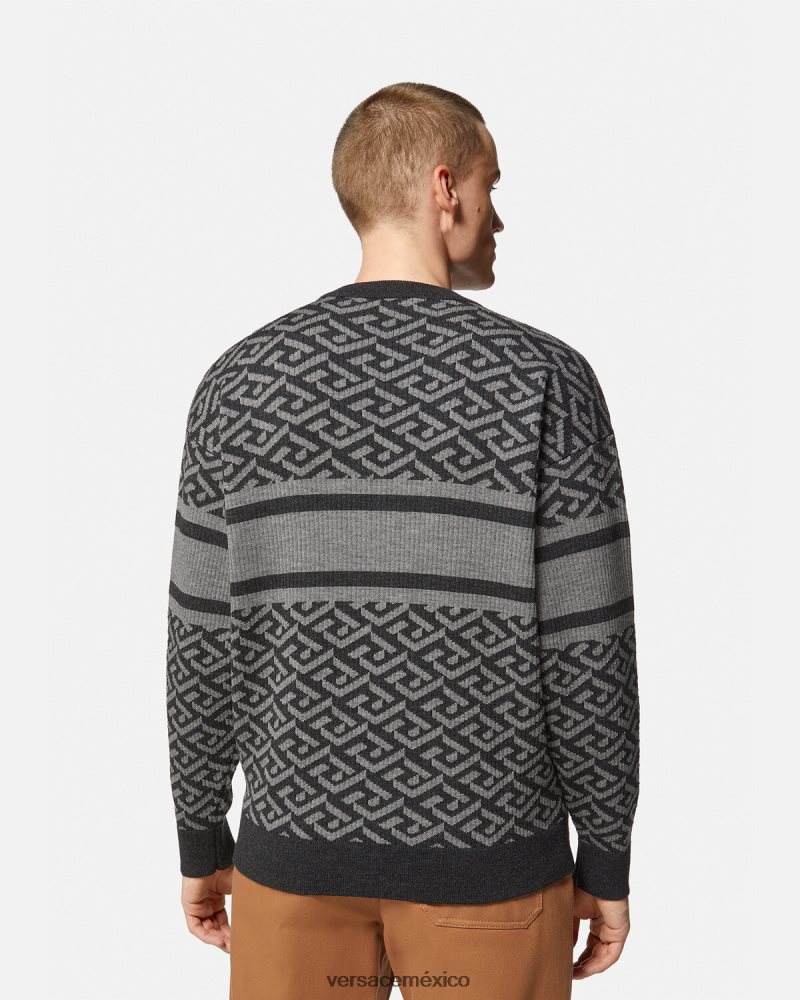 Versace suéter con medusa en jacquard la greca gris negro ropa hombres 84626J1339