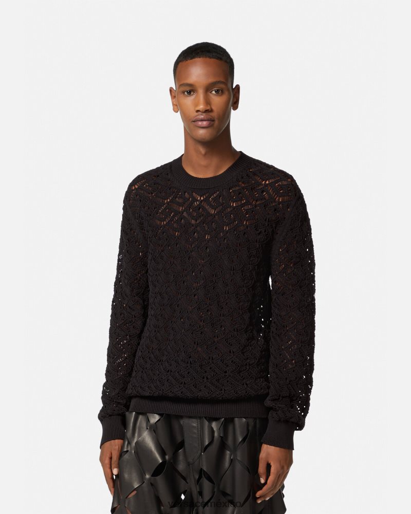Versace suéter de punto de encaje la greca negro ropa hombres 84626J1341