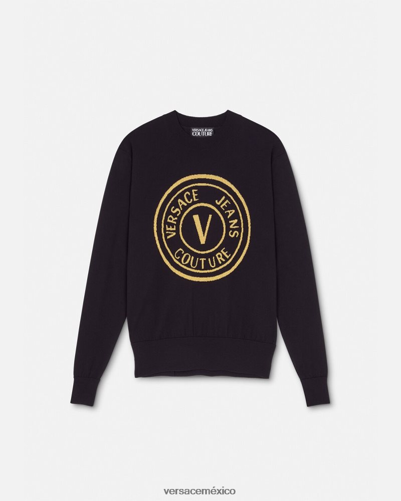Versace suéter tejido con emblema en V negro y estampado ropa hombres 84626J2434