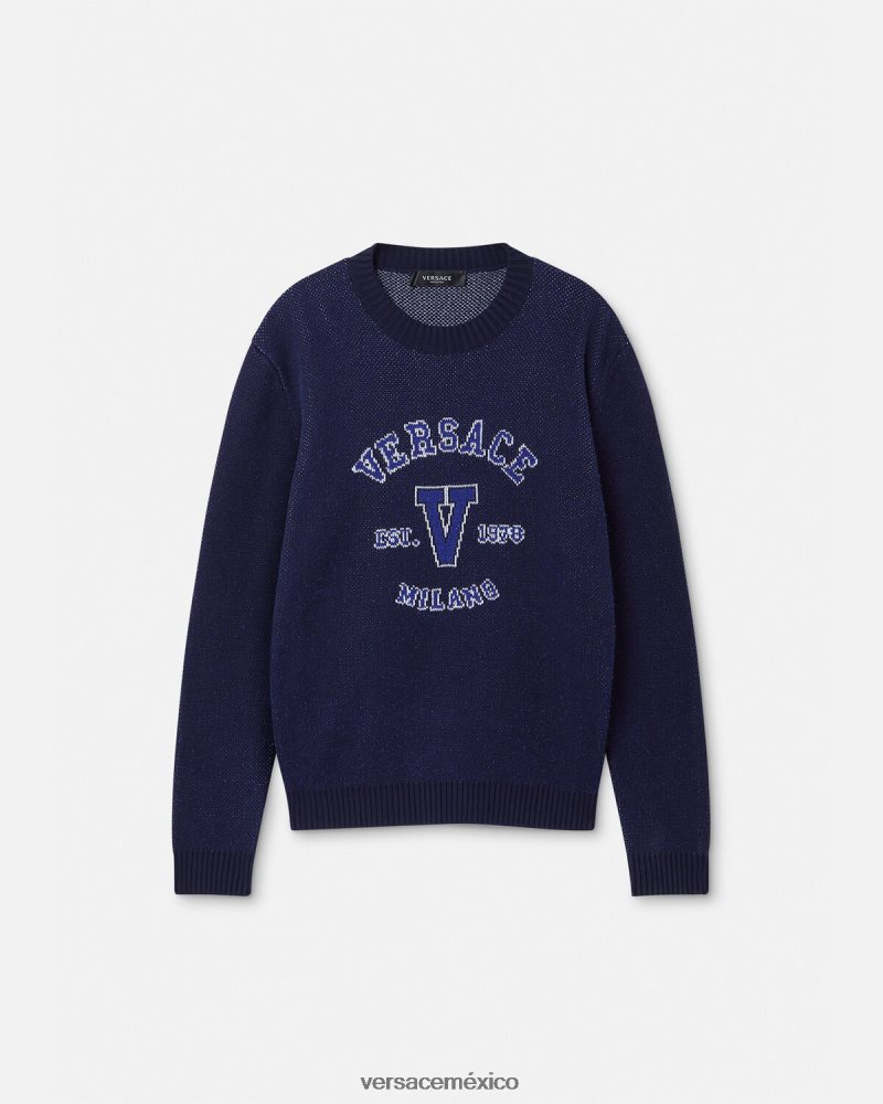 Versace suéter universitario con logo en intarsia azul ropa hombres 84626J1349