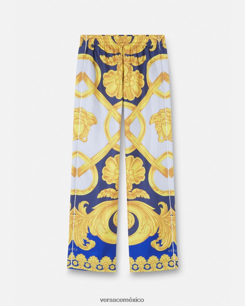 Versace pantalones de pijama de seda barroco 660 azul y oro ropa interior y ropa de playa hombres 84626J1740