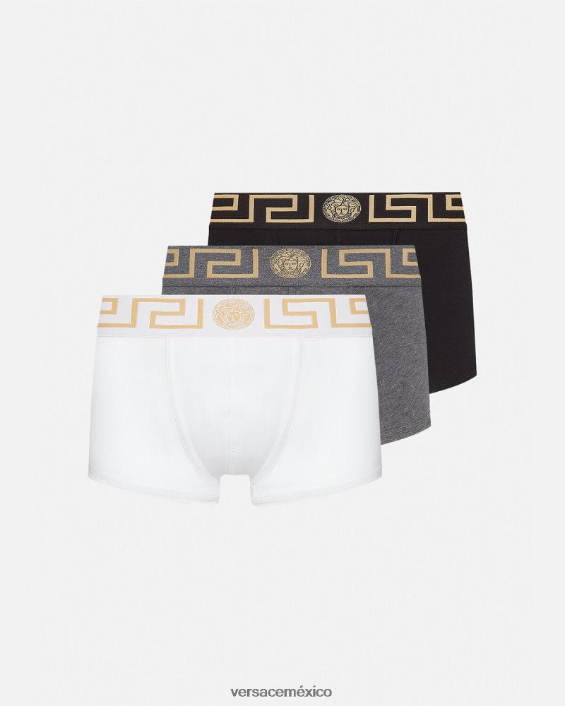 Versace pack de 3 calzoncillos con borde con greca blanco y negro y gris ropa interior y ropa de playa hombres 84626J1751