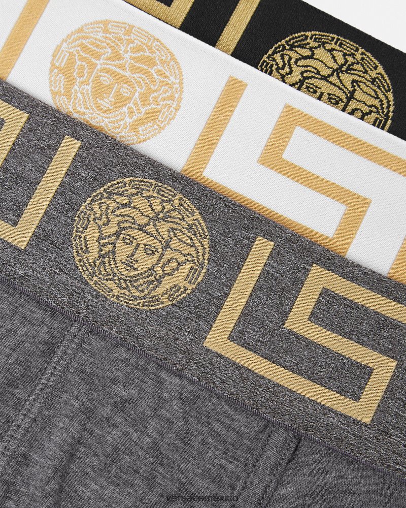 Versace pack de 3 calzoncillos con borde con greca blanco y negro y gris ropa interior y ropa de playa hombres 84626J1751