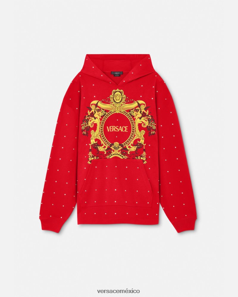 Versace sudadera con capucha con rejilla de cristal barroco rojo ropa hombres 84626J1421