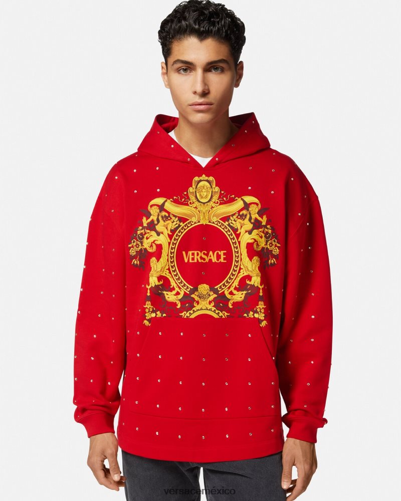 Versace sudadera con capucha con rejilla de cristal barroco rojo ropa hombres 84626J1421