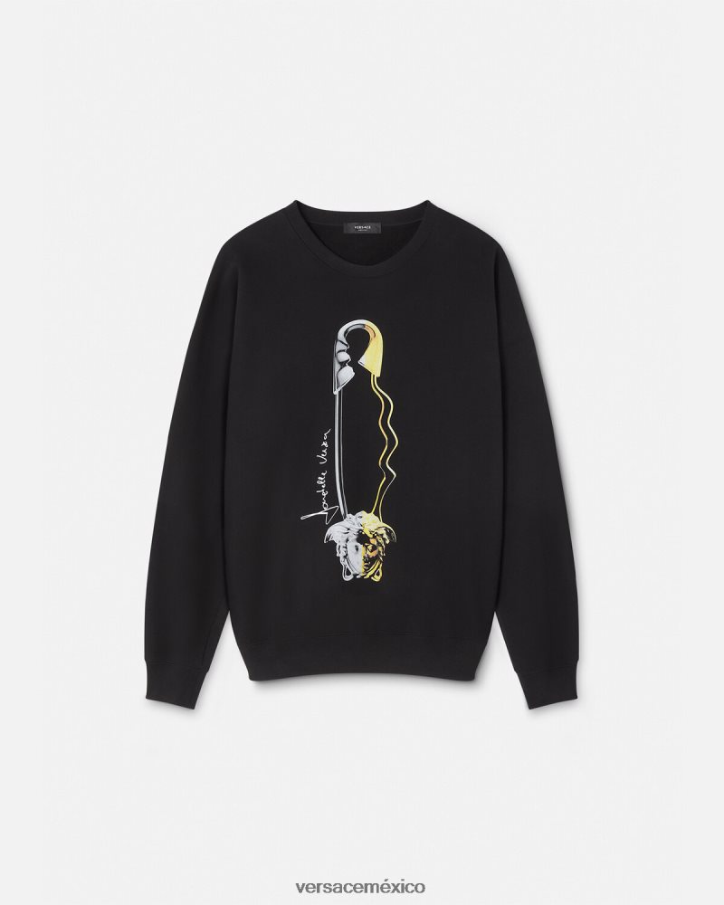 Versace sudadera con estampado de pin de seguridad negro ropa hombres 84626J1420