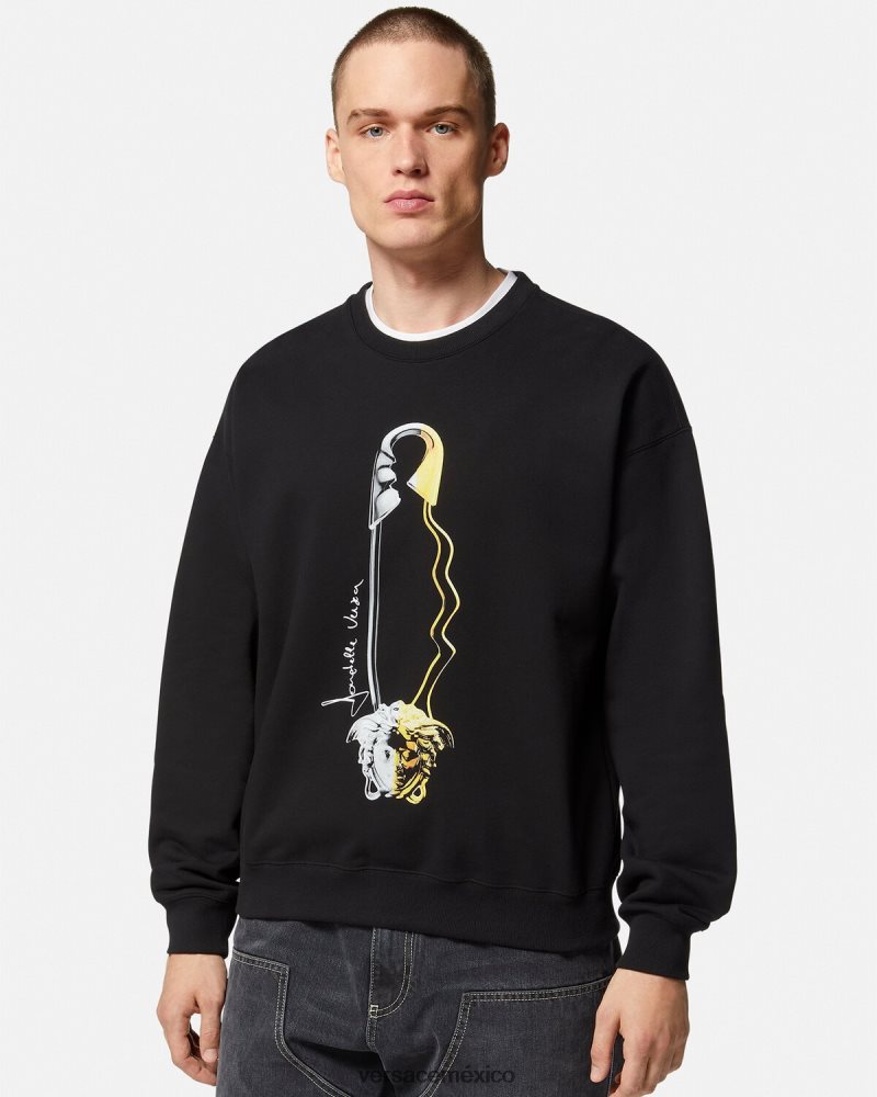 Versace sudadera con estampado de pin de seguridad negro ropa hombres 84626J1420