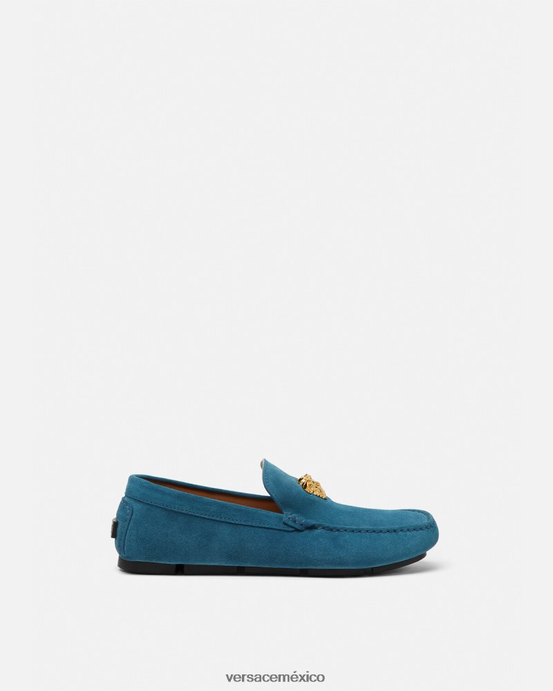 Versace zapatos driver la medusa de gamuza azul zapato hombres 84626J1600
