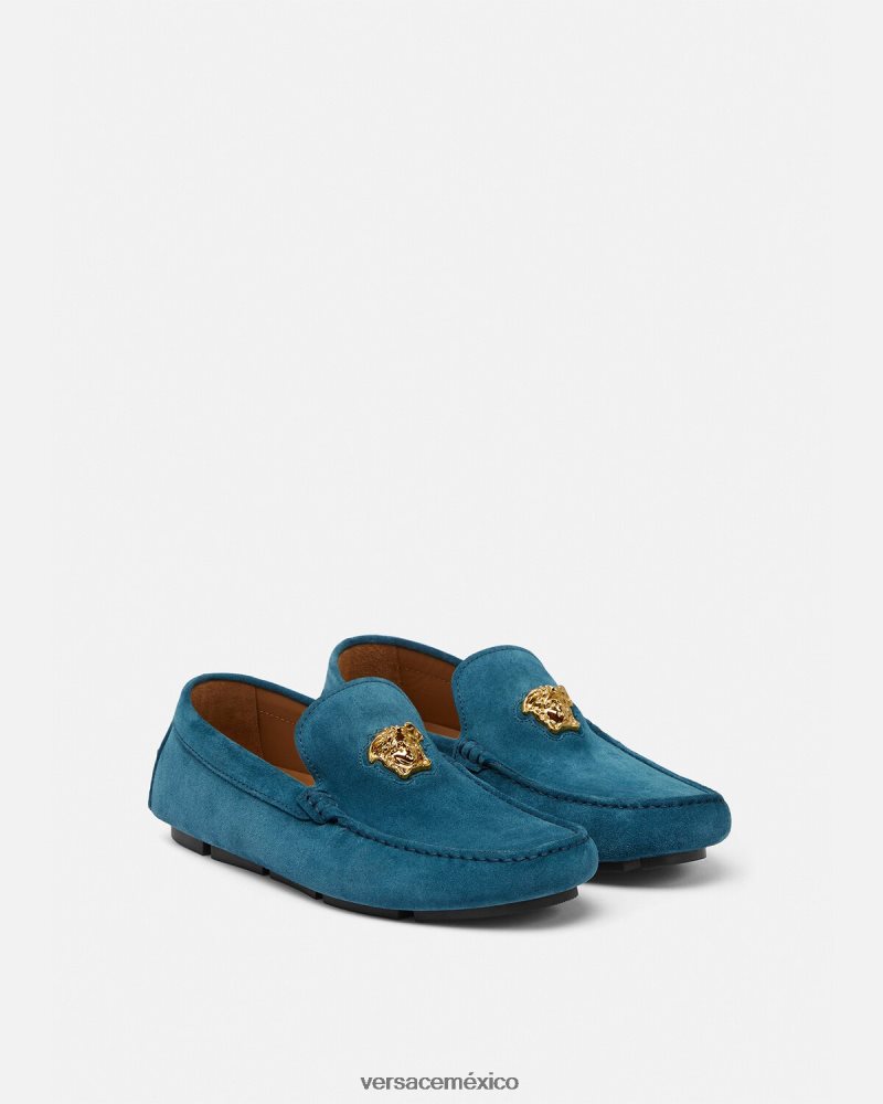 Versace zapatos driver la medusa de gamuza azul zapato hombres 84626J1600