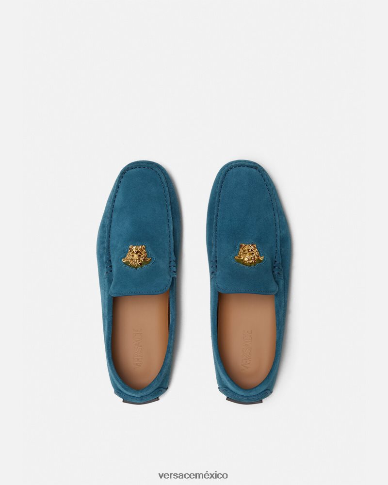 Versace zapatos driver la medusa de gamuza azul zapato hombres 84626J1600
