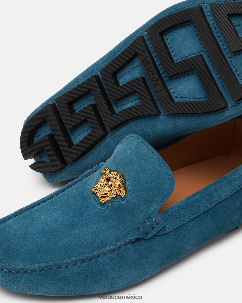 Versace zapatos driver la medusa de gamuza azul zapato hombres 84626J1600