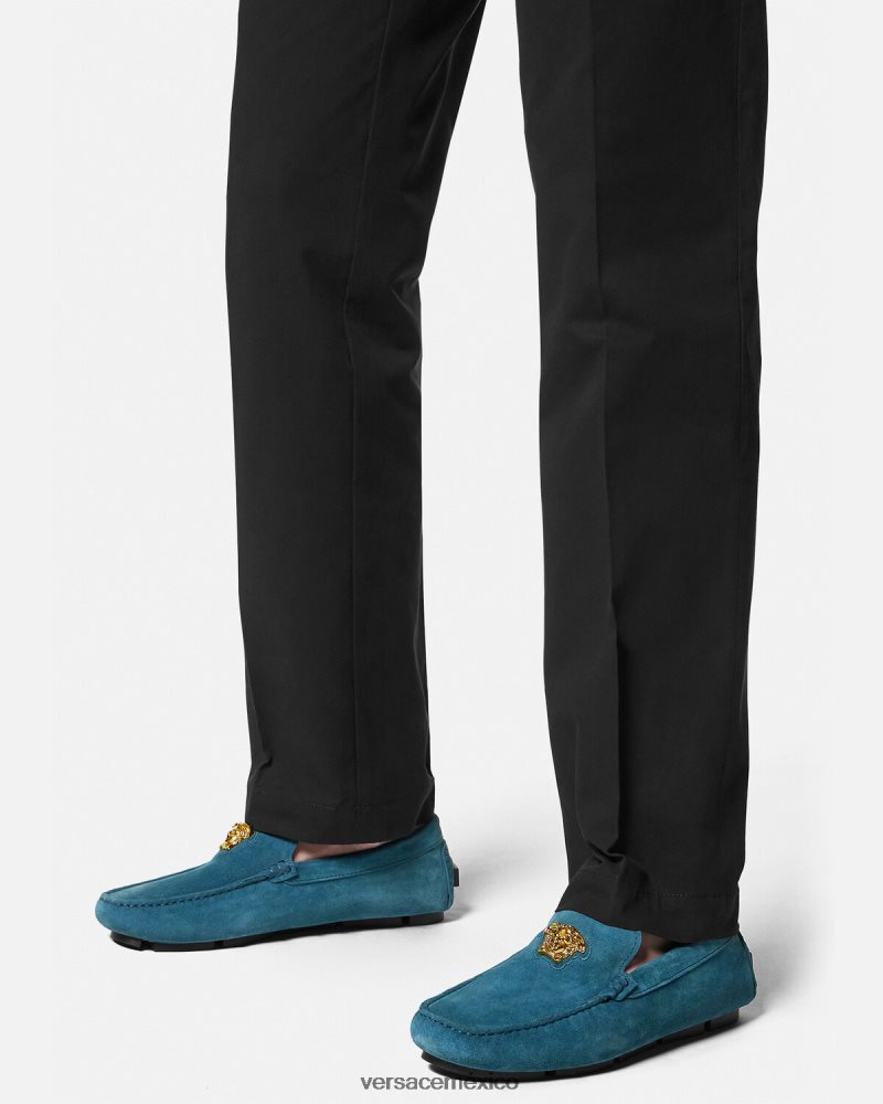 Versace zapatos driver la medusa de gamuza azul zapato hombres 84626J1600