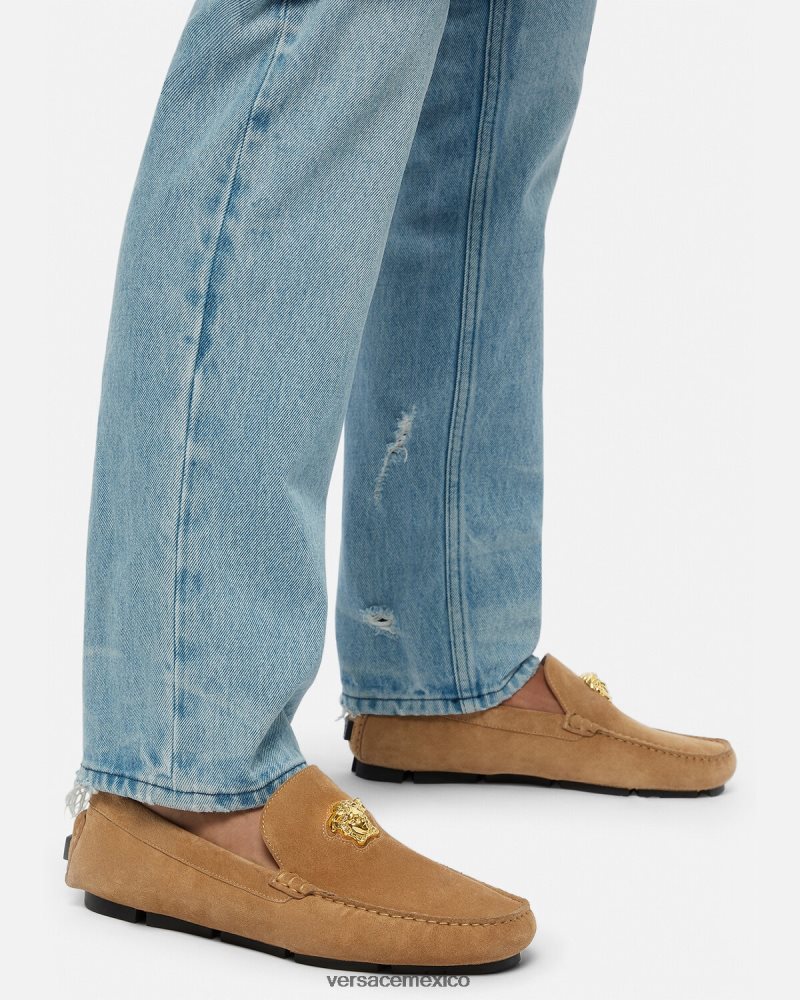 Versace zapatos driver la medusa de gamuza marrón zapato hombres 84626J1605