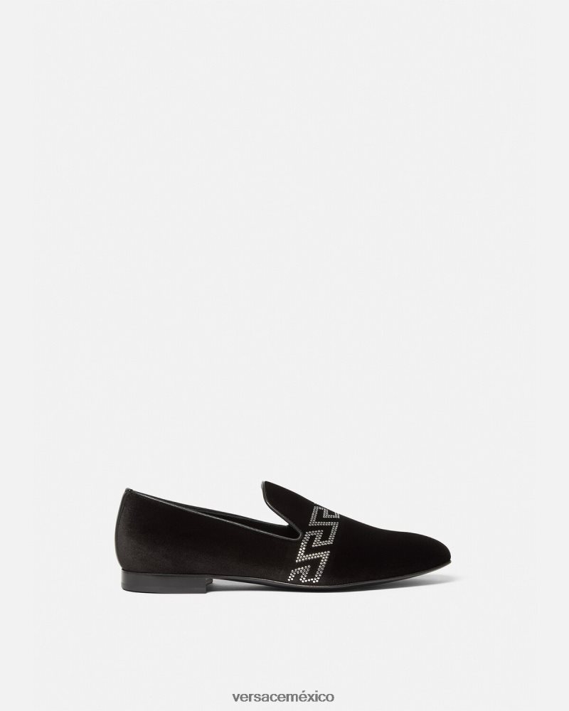 Versace pantuflas de terciopelo con greca y tachuelas negro zapato hombres 84626J1572