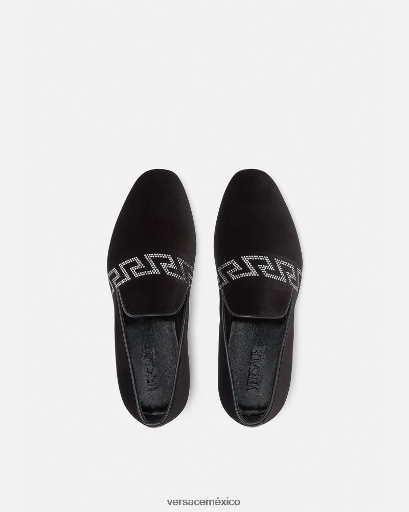 Versace pantuflas de terciopelo con greca y tachuelas negro zapato hombres 84626J1572
