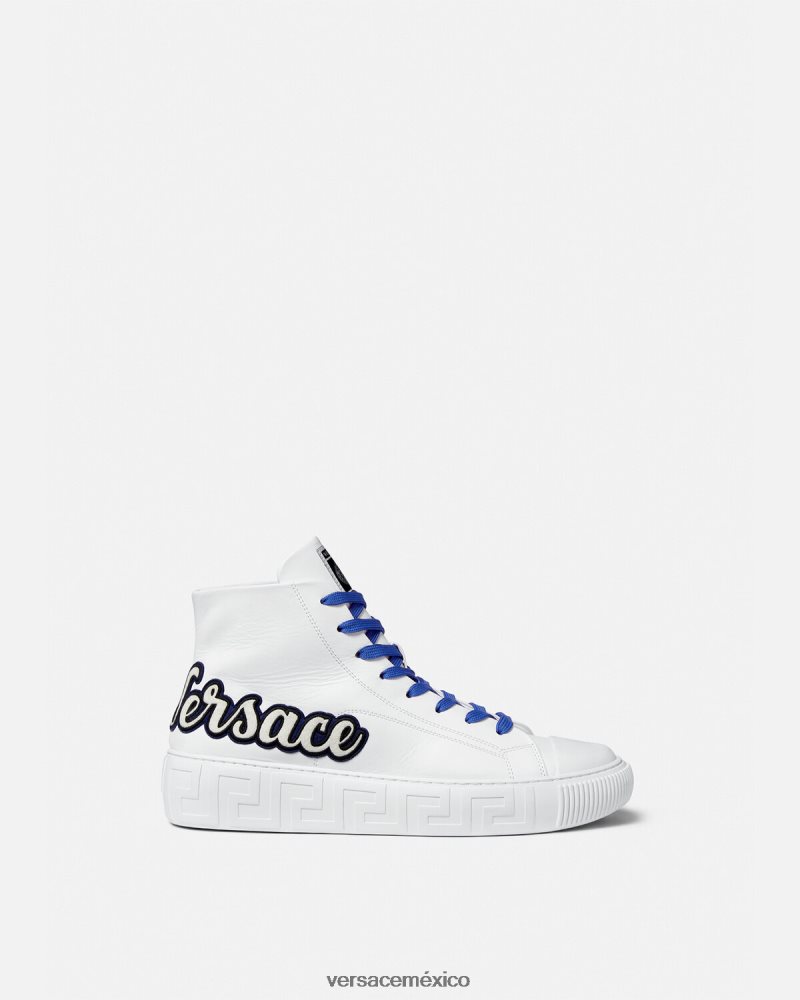 Versace zapatillas altas varsity con greca azul blanco zapato hombres 84626J1556
