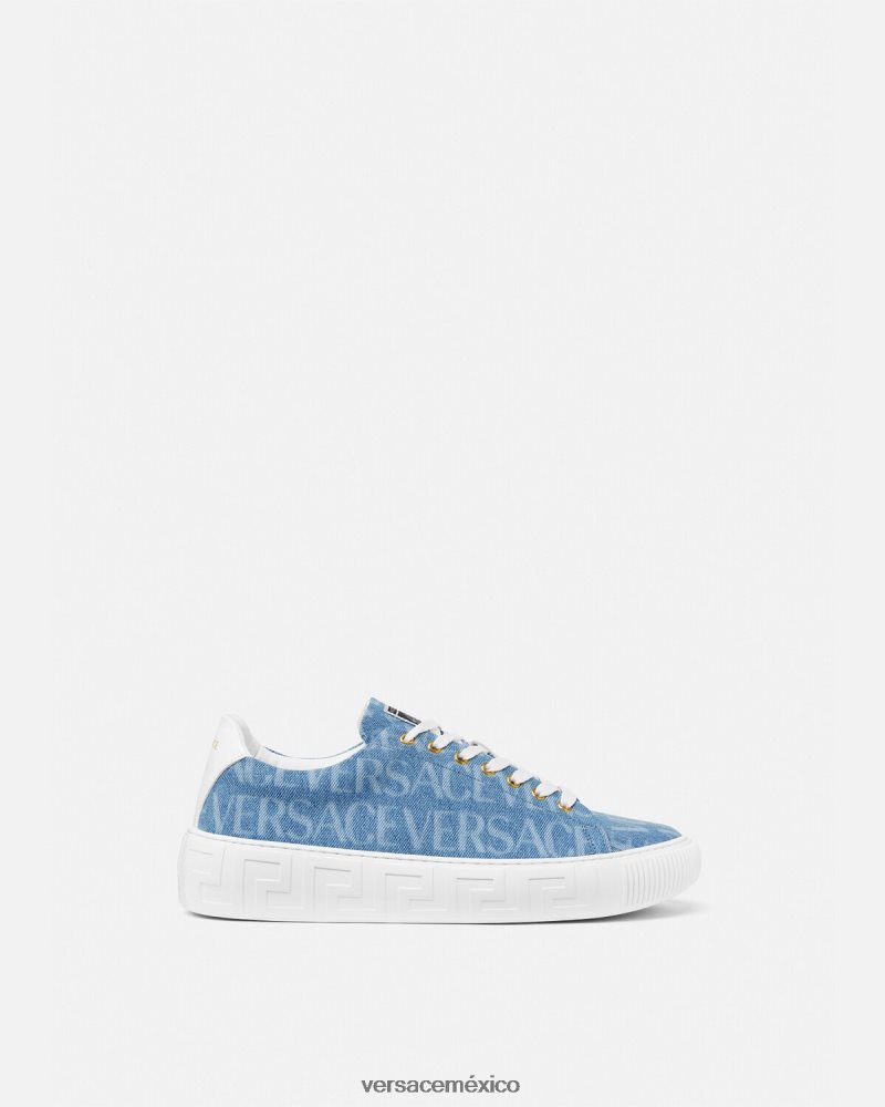 Versace zapatillas con greca en denim integral azul claro zapato hombres 84626J1548