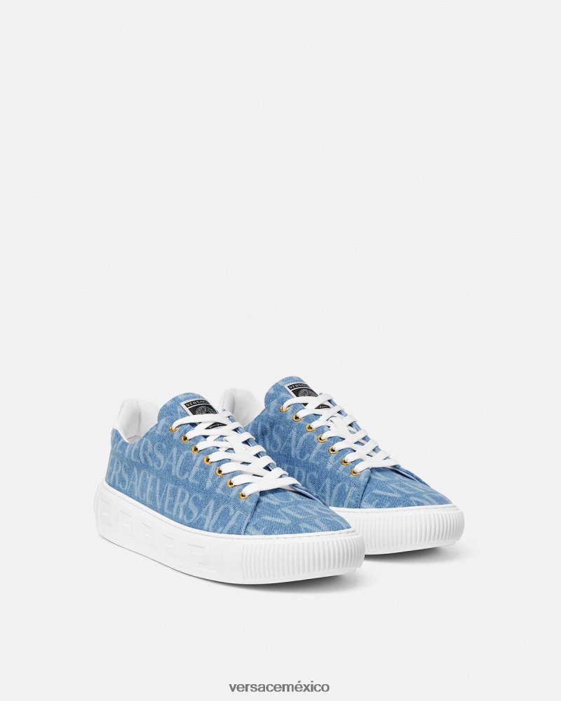 Versace zapatillas con greca en denim integral azul claro zapato hombres 84626J1548