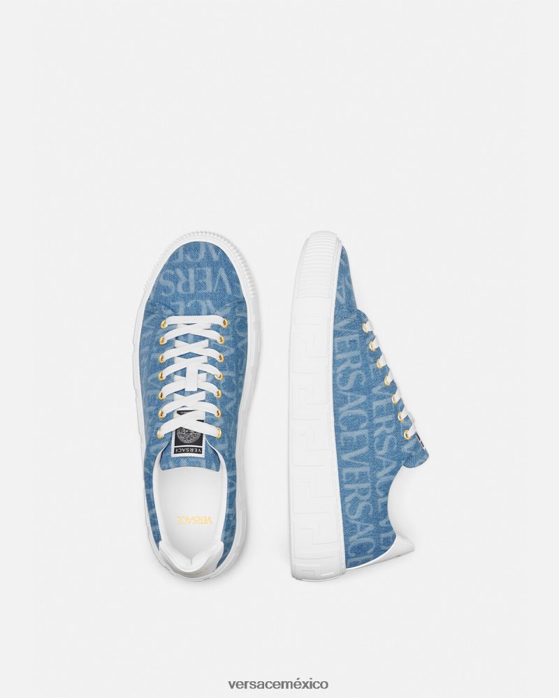 Versace zapatillas con greca en denim integral azul claro zapato hombres 84626J1548