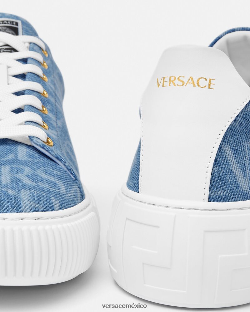 Versace zapatillas con greca en denim integral azul claro zapato hombres 84626J1548