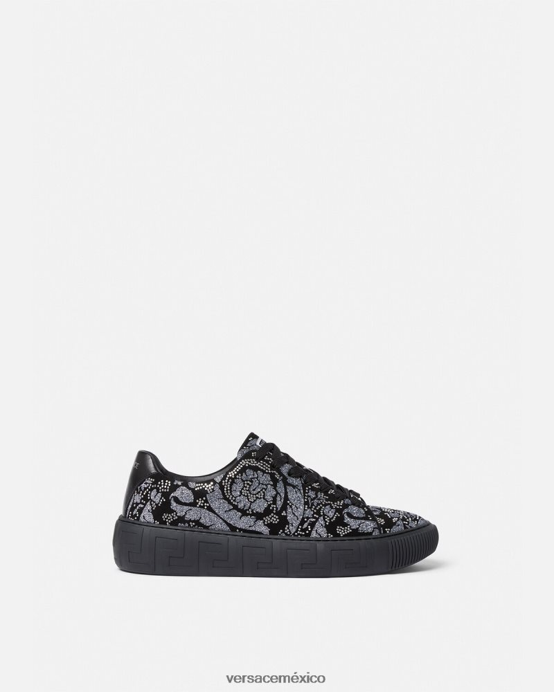Versace zapatillas con greca y tachuelas negro zapato hombres 84626J1555